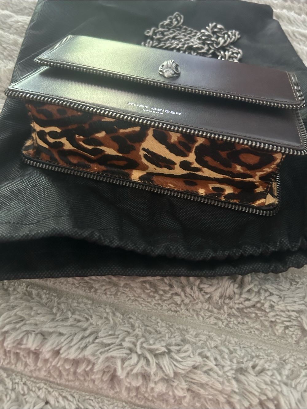 Kurt Geiger London Black Leather Eagle Bag Leopard Calf Hair Gunmetal Chain - Picture 2 of 5